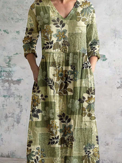 Women's Elegant Simple Floral V-Neck Cotton and Linen Dress with Pockets