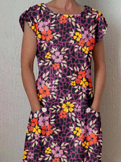 Women's Classic Art Floral Print Cotton and Linen  Dress