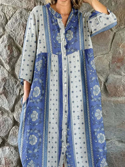 Women's Elegant Geometric Floral Shirt Style Cotton and Linen Dress