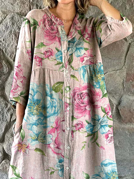 Women's Elegant Vintage Rose Floral Shirt Style Cotton and Linen Dress