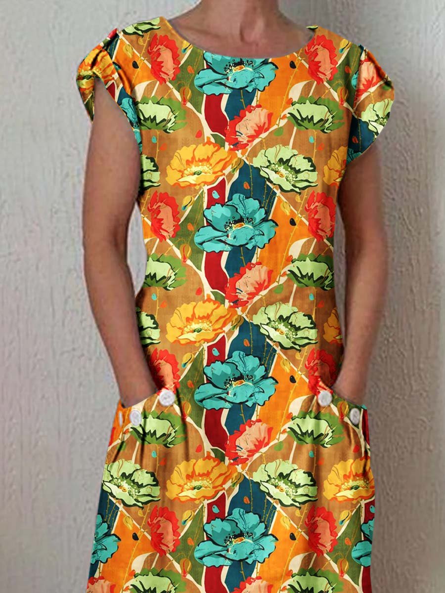 Women's Classic Floral Pattern Vintage Cotton and Linen Dress with Pockets