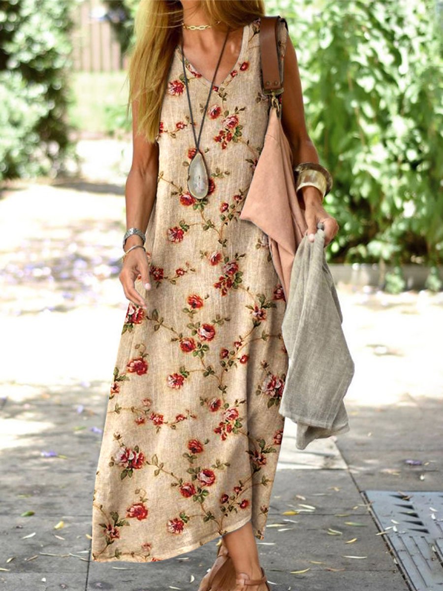 Women's Elegant Simple Floral Loose Cotton And Linen  Dress