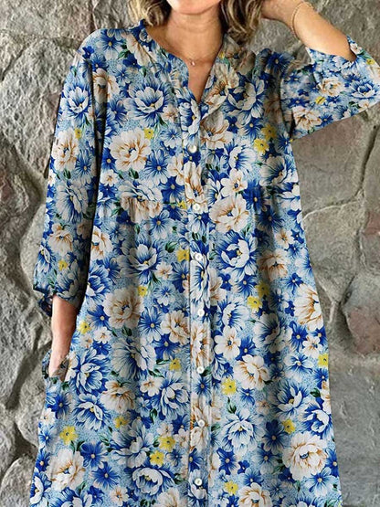 Women's Floral Art Print Cotton Linen Shirt Dress