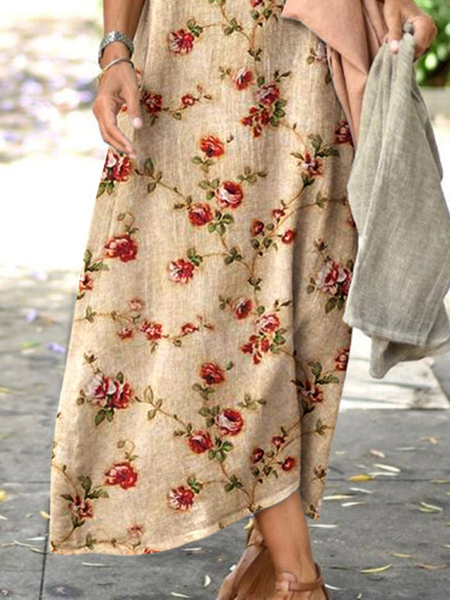 Women's Elegant Simple Floral Loose Cotton And Linen  Dress