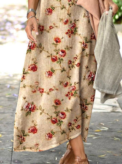 Women's Elegant Simple Floral Loose Cotton And Linen  Dress