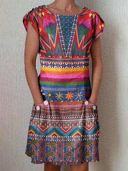 Women's Classic Art Geometric Pattern Vintage Cotton and Linen Dress with Pockets