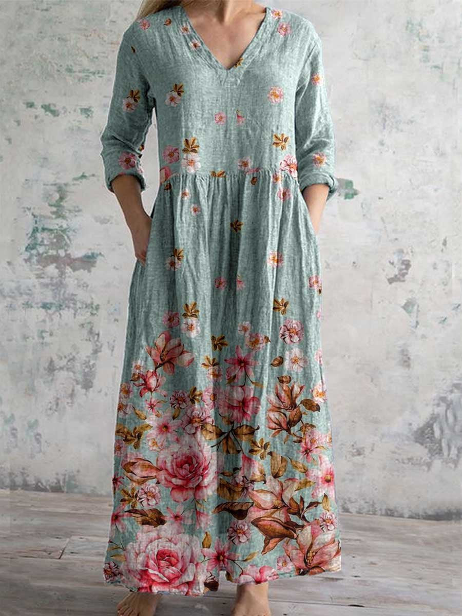 Women's V-neck Elegant Floral Pattern Cotton Dress