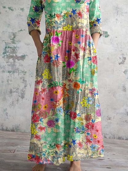 Women's Elegant Floral Pattern V-Neck Cotton Fabric Dress with Pockets