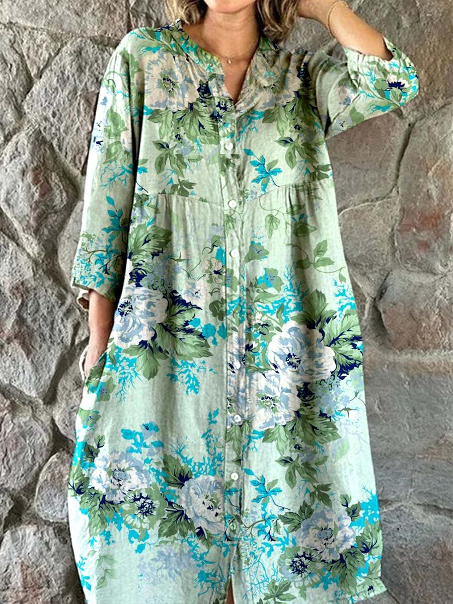 Women's Rose Floral Print Elegant Simple Shirt Cotton and Linen Dress