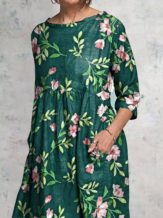 Women's Classic Floral Pattern Round Neck Cotton And Linen Dress With Pockets