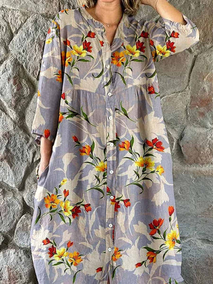 Women's Elegant Floral Print Cotton and Linen Shirt Dress