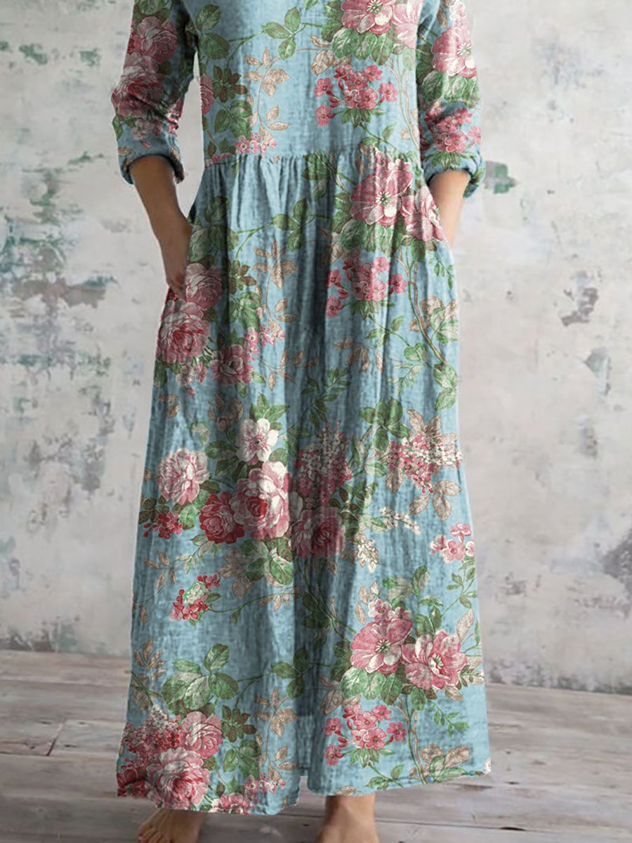 Women's Vintage Floral Print Casual Cotton Dress