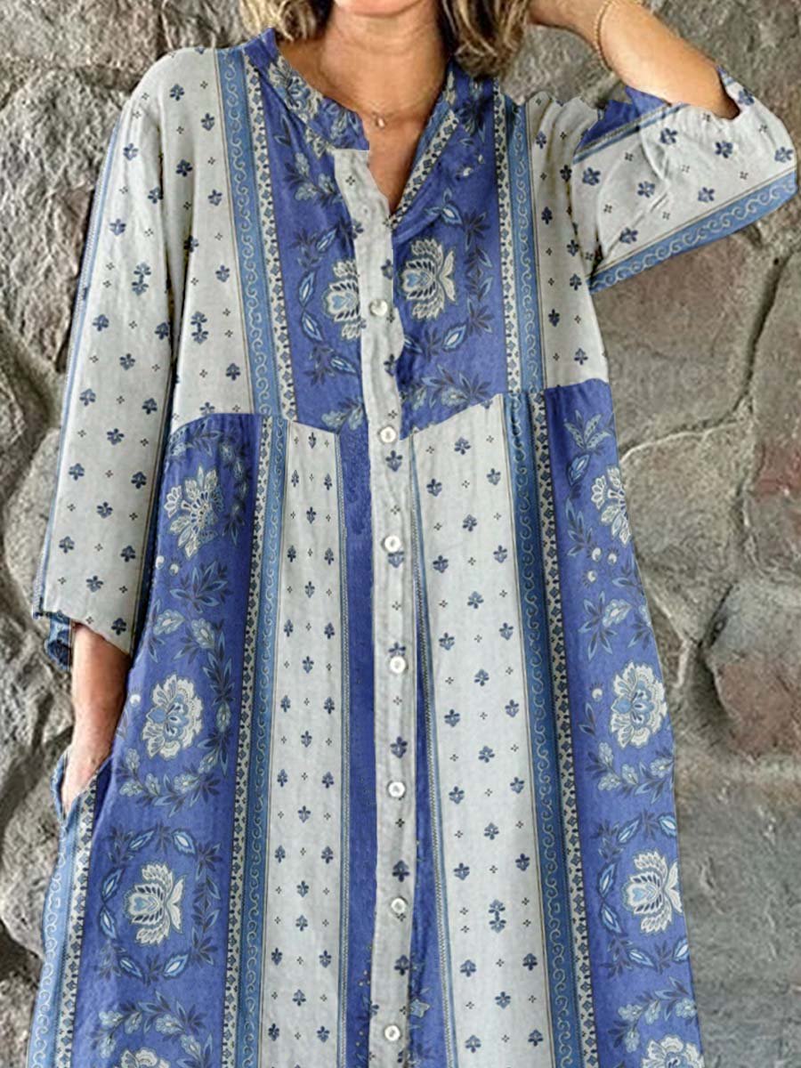 Women's Elegant Geometric Floral Shirt Style Cotton and Linen Dress