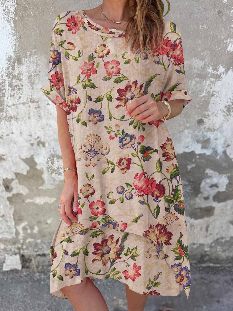 Women's Elegant Floral Pattern Round Neck Cotton and Linen Dress