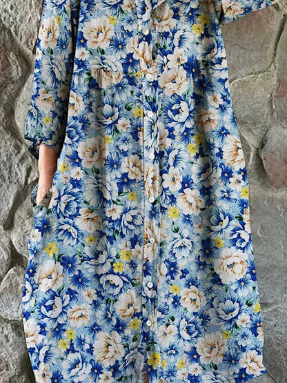 Women's Floral Art Print Cotton Linen Shirt Dress