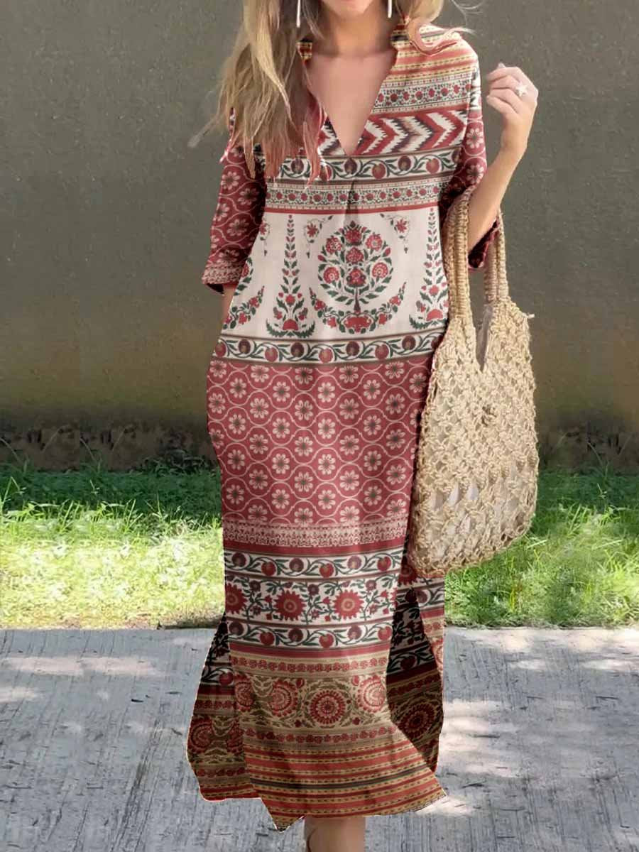 Women's Classic Ethnic Bohemian Geometric Pattern V-Neck Cotton and Linen Dress