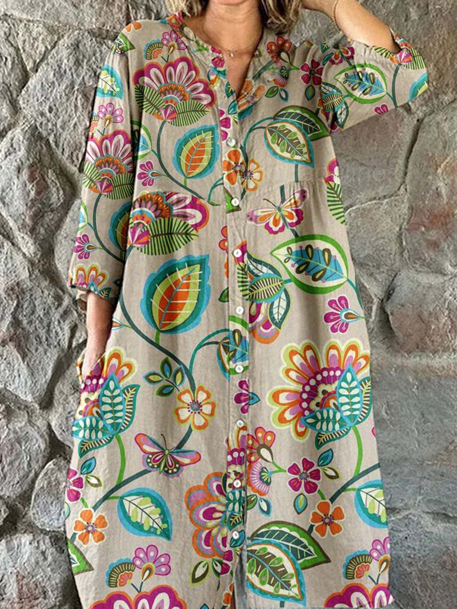 Women's Elegant  Floral Shirt Style Cotton and Linen Dress