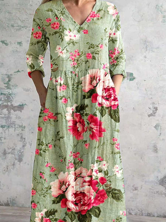 Women's Art Rose Floral V Neck Cotton and Linen Dress With Pockets