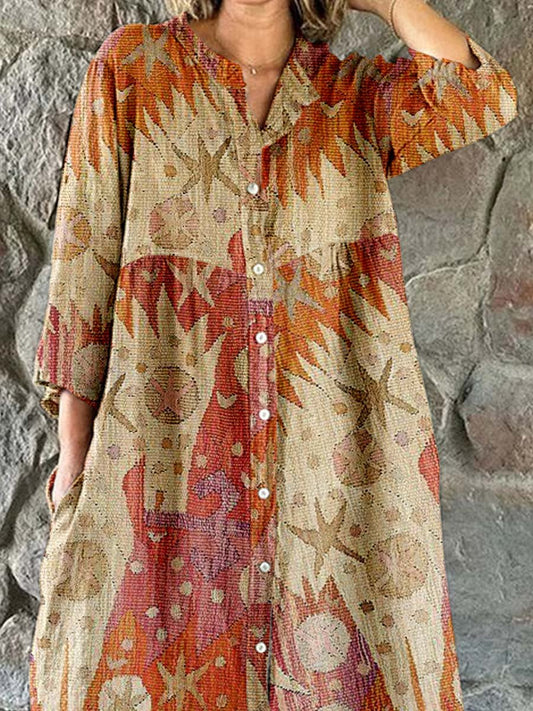 Women's Abstract Art Geometric Floral Shirt Style Cotton and Linen Dress