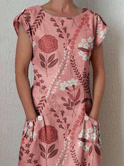 Women's Classic Elegant Rose Pattern Cotton and Linen Dress