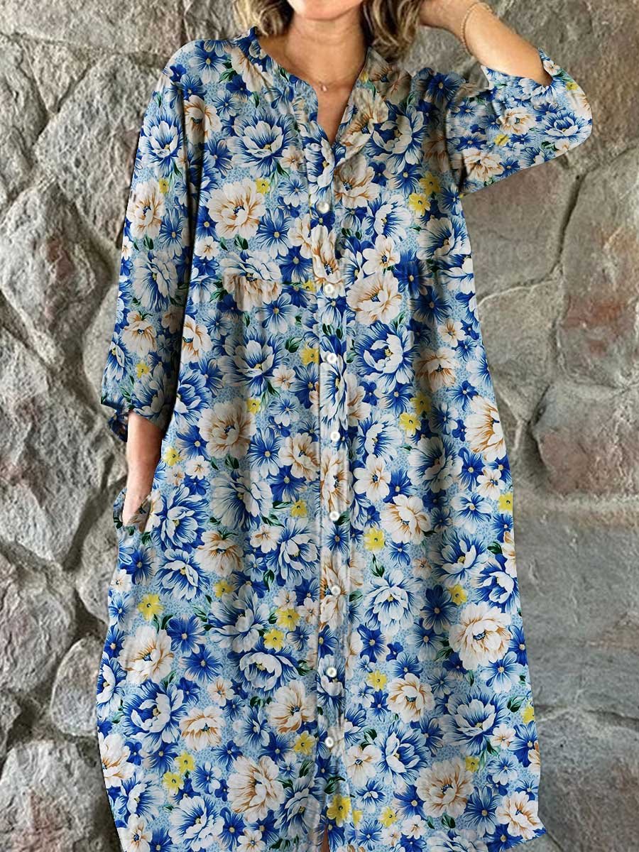 Women's Floral Art Print Cotton Linen Shirt Dress