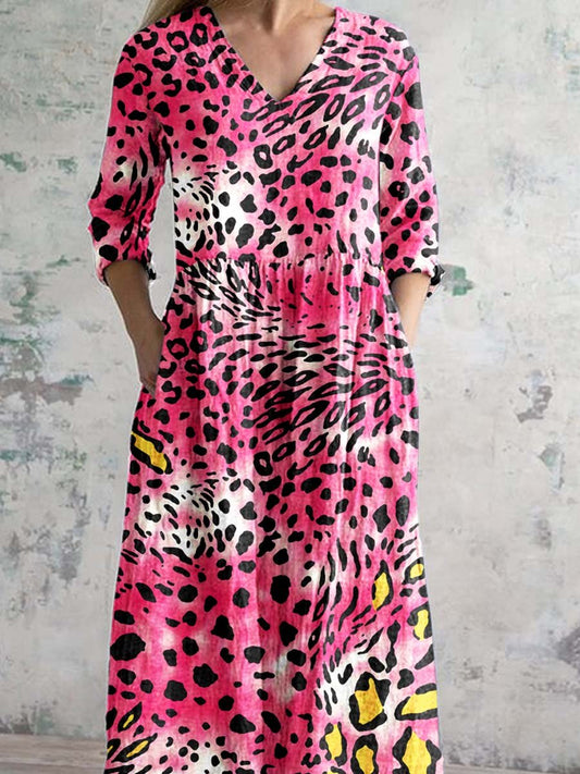 Women's V-neck Pink Leopard Print Cotton Shirt Dress