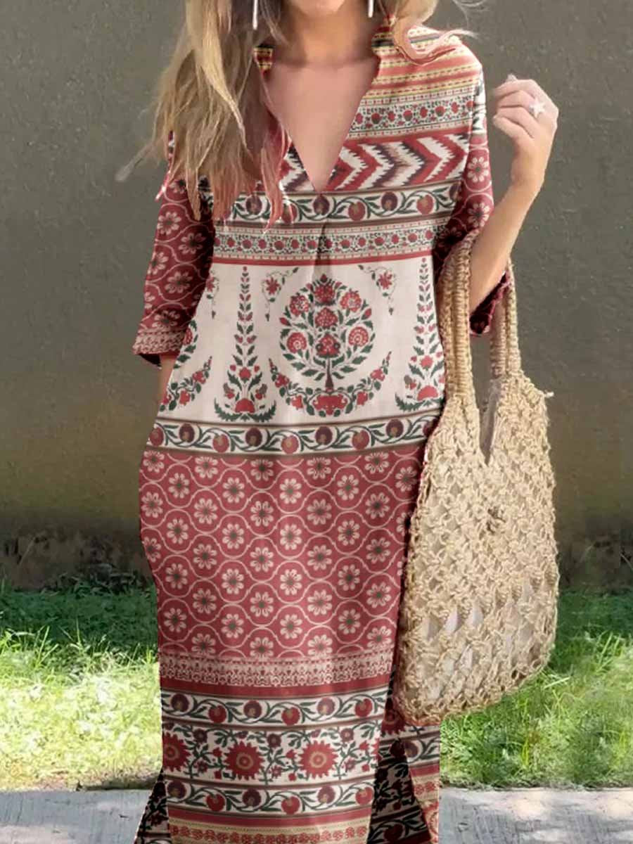 Women's Classic Ethnic Bohemian Geometric Pattern V-Neck Cotton and Linen Dress