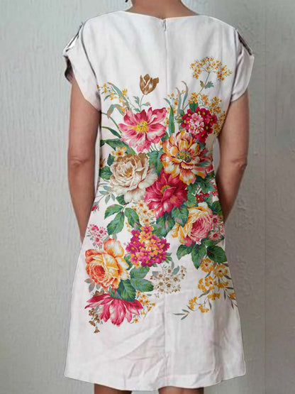 Women's Classic Floral Pattern Cotton and Linen Dress