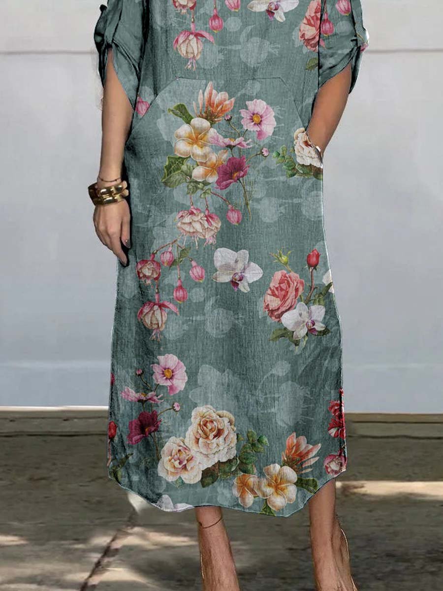 Women's Round Neck Floral Pattern Print Sleeve Loops Cotton and Linen Dress