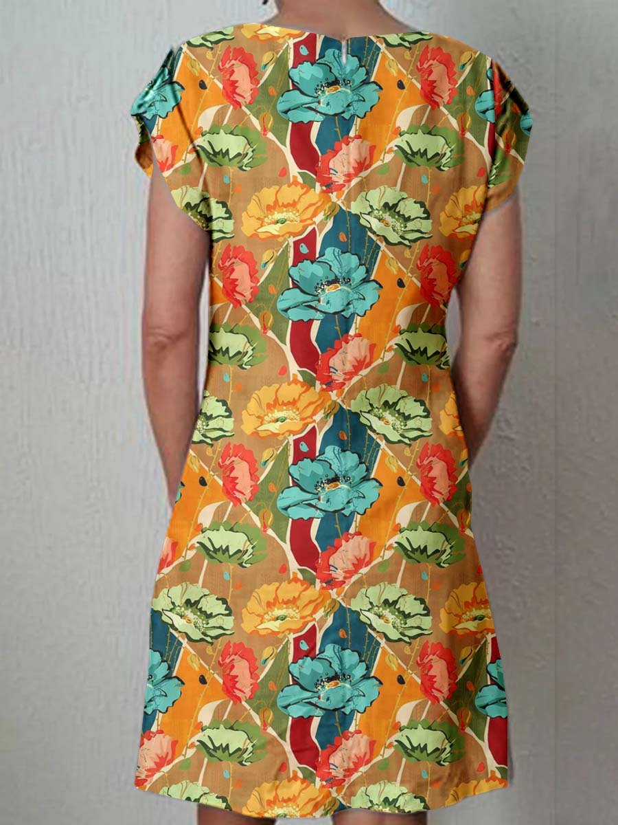 Women's Classic Floral Pattern Vintage Cotton and Linen Dress with Pockets