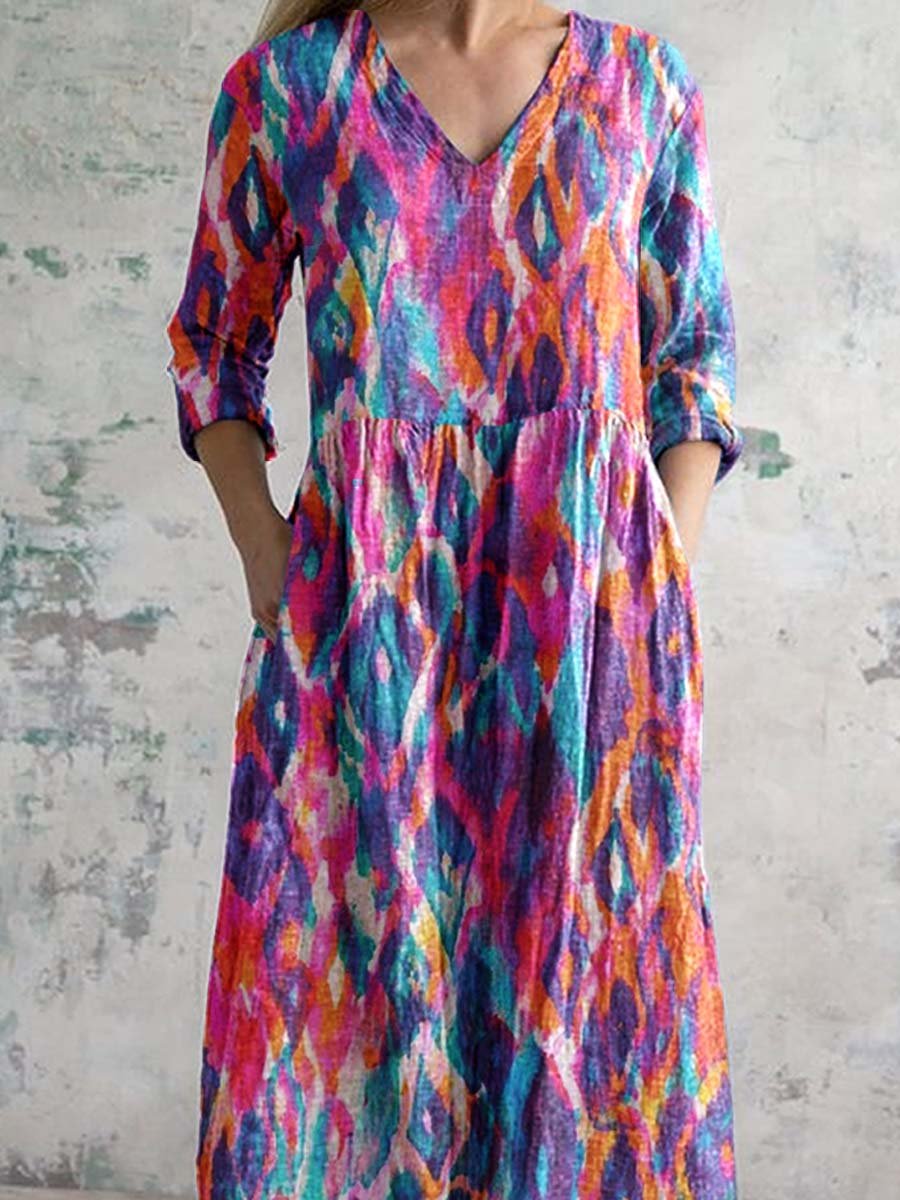 Women's V-neck Colorful Geometric Pattern Cotton Fabric Dress with Pockets