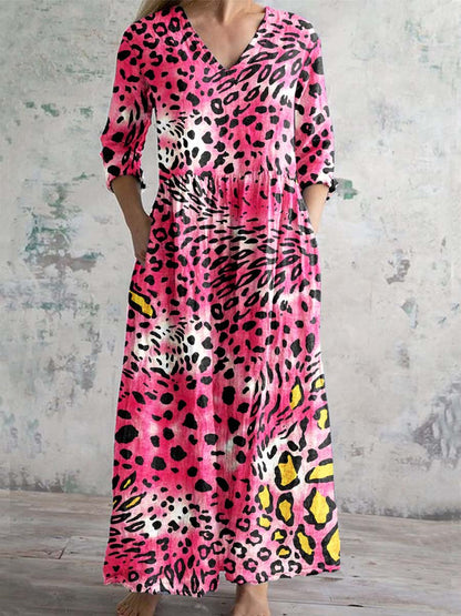 Women's V-neck Pink Leopard Print Cotton Shirt Dress