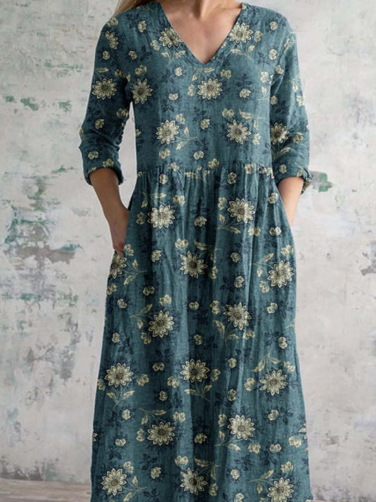 Women's V-neck Floral Pattern Cotton Dress With Pockets