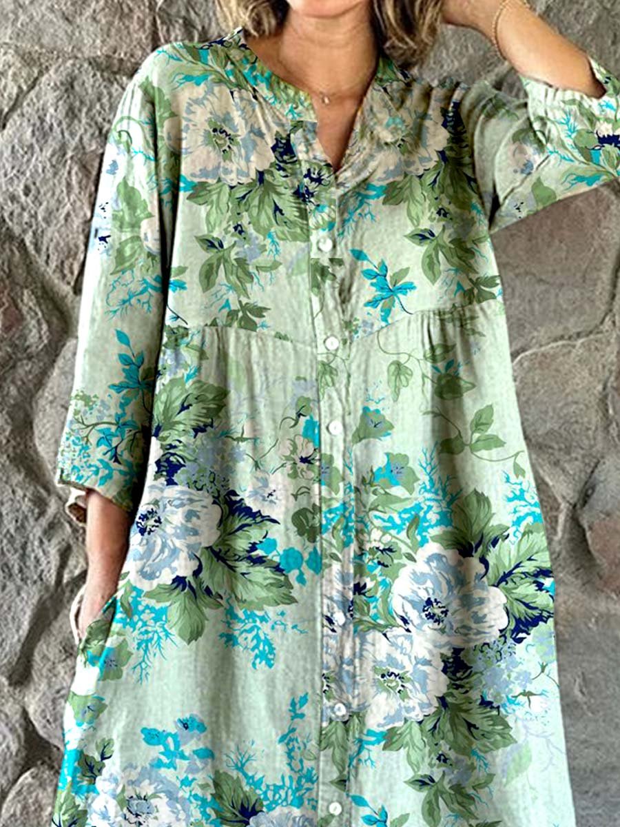 Women's Rose Floral Print Elegant Simple Shirt Cotton and Linen Dress