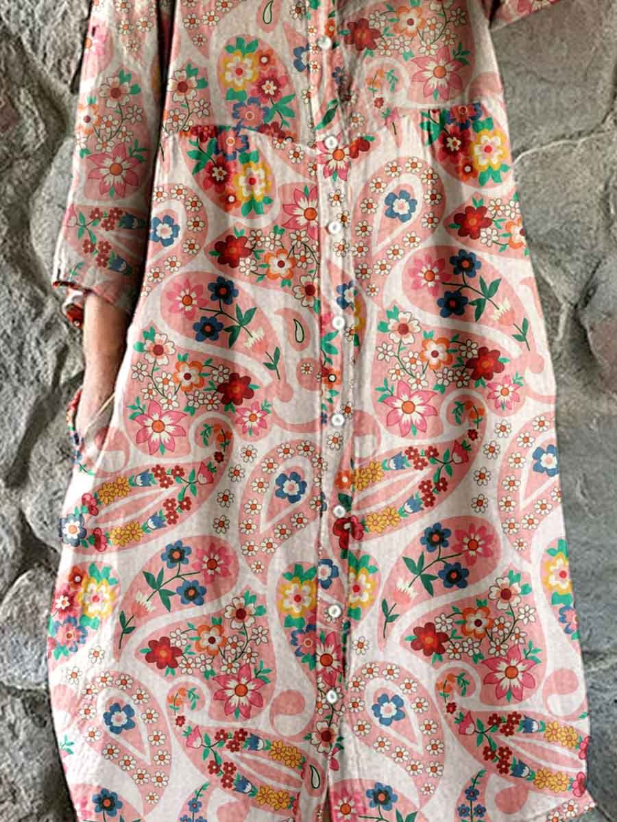 Women's Elegant Vintage Perlis Floral Pattern Shirt Style Cotton and Linen Dress