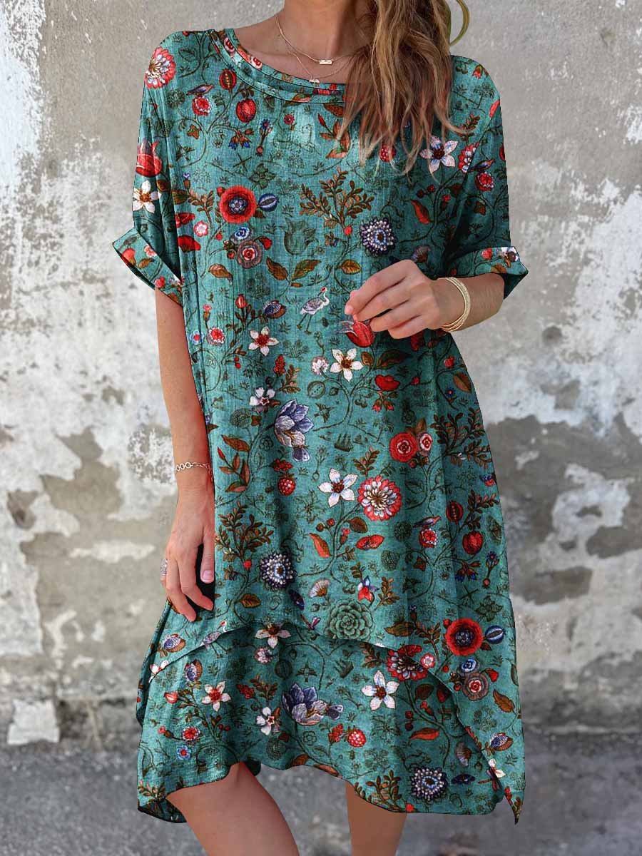 Women's Classic Elegant Poppy  Pattern Cotton and Linen Dress