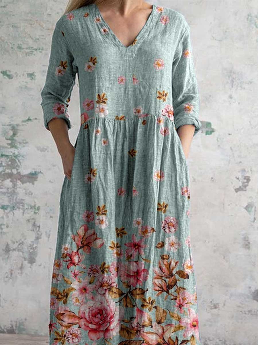 Women's V-neck Elegant Floral Pattern Cotton Dress