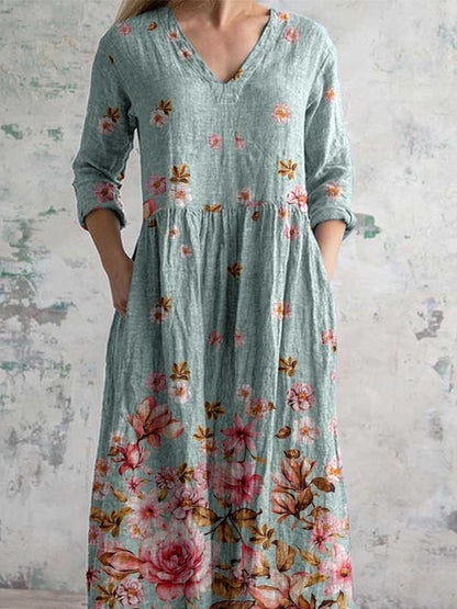 Women's V-neck Elegant Floral Pattern Cotton Dress