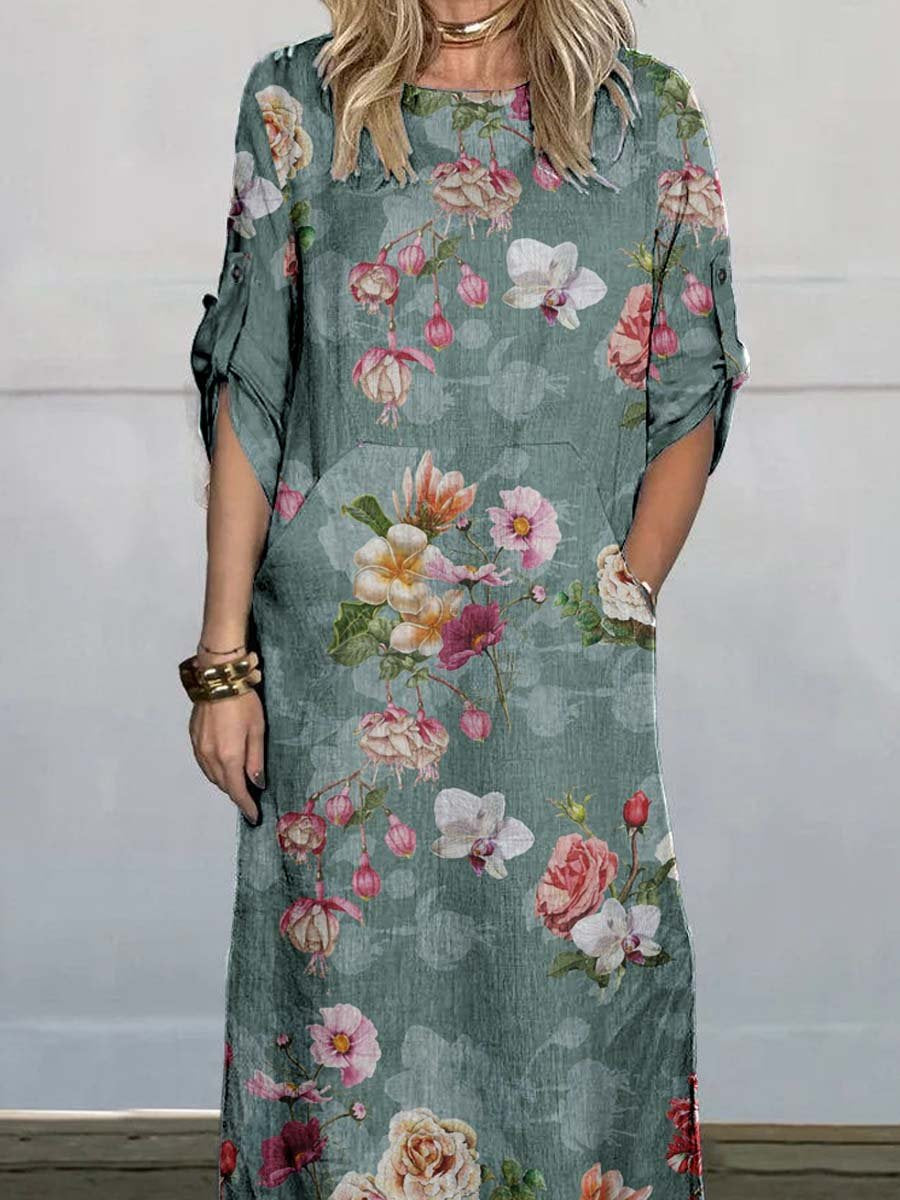 Women's Round Neck Floral Pattern Print Sleeve Loops Cotton and Linen Dress