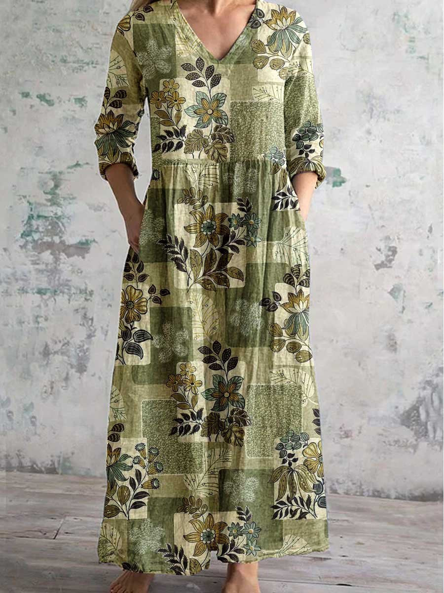 Women's Elegant Simple Floral V-Neck Cotton and Linen Dress with Pockets