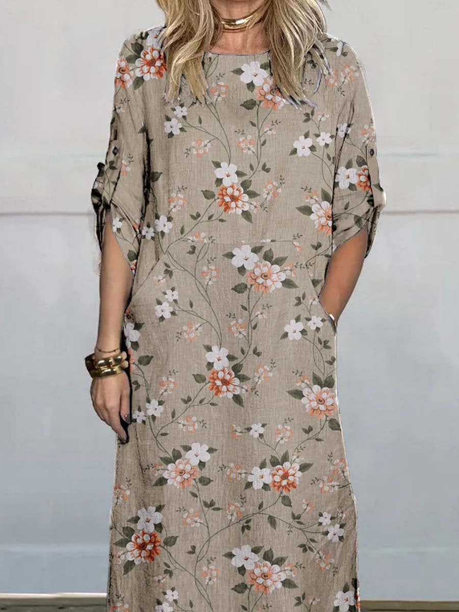 Women's Round Neck Floral Pattern Print Sleeve Loops Cotton and Linen Dress