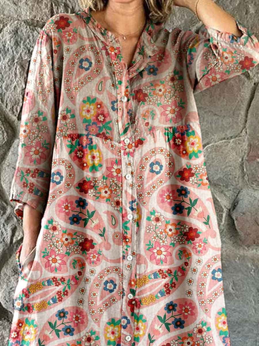 Women's Elegant Vintage Perlis Floral Pattern Shirt Style Cotton and Linen Dress