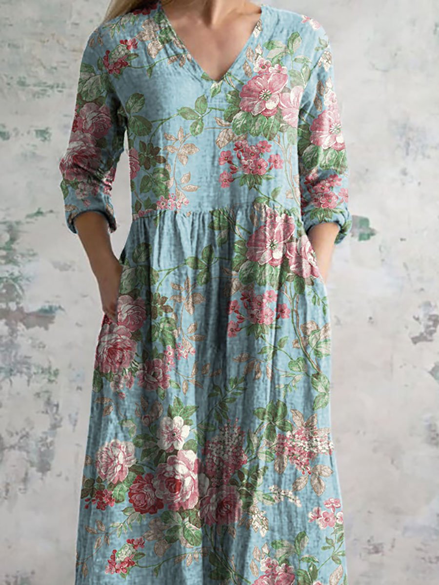 Women's Vintage Floral Print Casual Cotton Dress