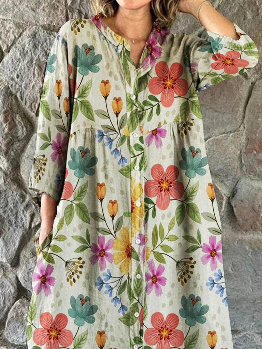 Women's Floral Art Print Cotton Linen Shirt Dress