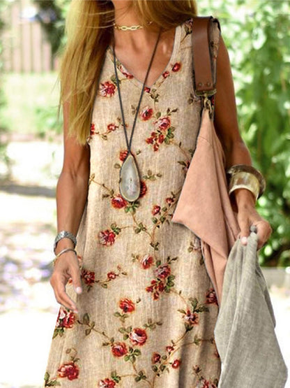 Women's Elegant Simple Floral Loose Cotton And Linen  Dress