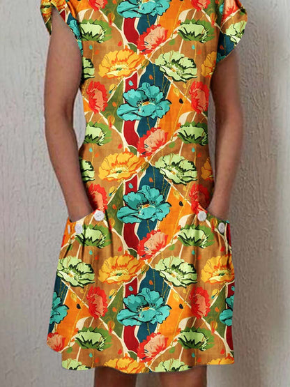 Women's Classic Floral Pattern Vintage Cotton and Linen Dress with Pockets