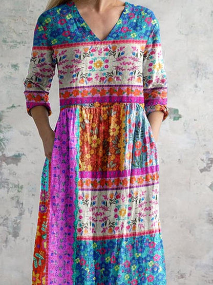 Women's Kantha Style Floral Pattern V Neck Cotton Fabric Dress with Pockets