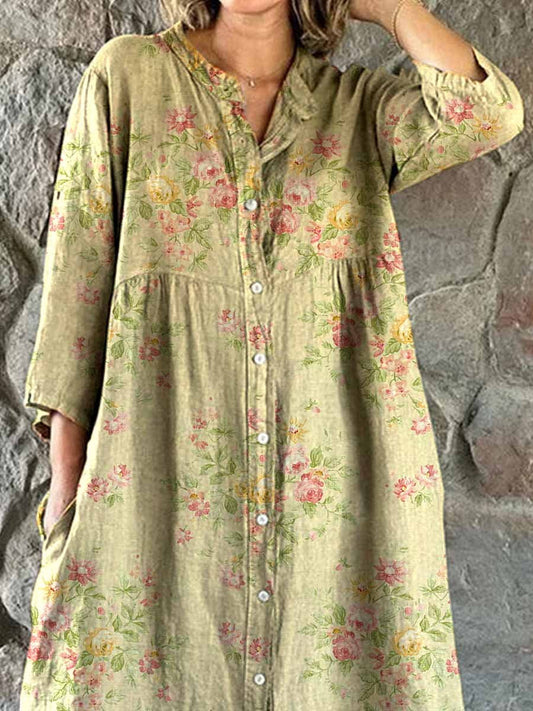 Women's Elegant Simple Floral Pattern Shirt Cotton and Linen Dress with Pockets