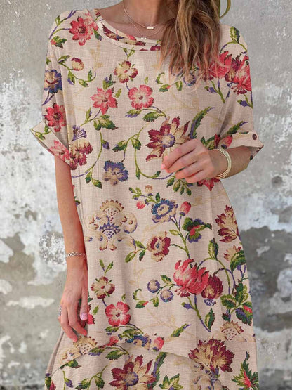 Women's Elegant Floral Pattern Round Neck Cotton and Linen Dress