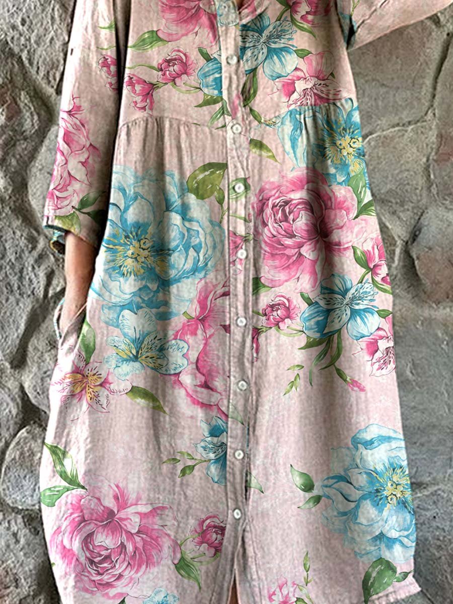 Women's Elegant Vintage Rose Floral Shirt Style Cotton and Linen Dress